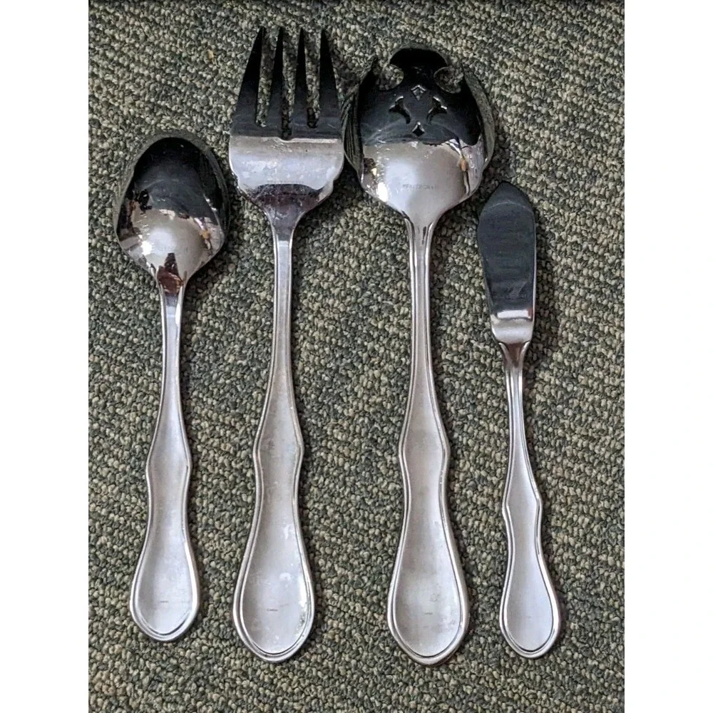 4 Pc Pfaltzgraff DAYBREAK Hostess Serving Set Glossy Stainless Flatware Rooster